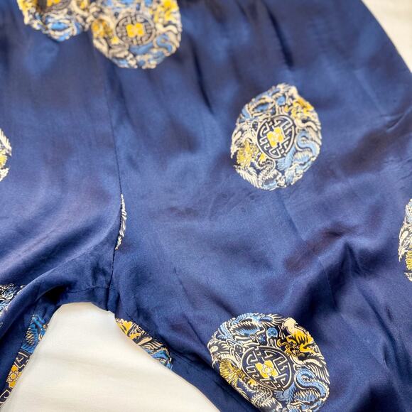 Silk Wide Leg Pants Women's XL Navy Gold Dragon Luxury Loungewear Chinoiserie - Picture 7 of 15